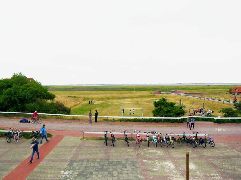 Blick auf den Sportplatz der Schule und das Wattenmeer