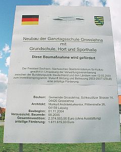Tafel der Baustelle: Neubau der Ganztagsschule Großlehna mit Grundschule, Hort und Sporthalle