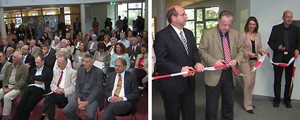 Einweihung des fraktalen Neubaus. Links: Plenum. Rechts: Zeremonie des Bandschneidens