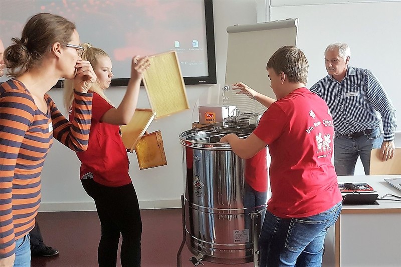 Eine Schülerin und ein Schüler zeigen, wie Honig produziert wird