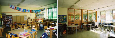 Zwei Fotos vom selben Klassenraum, vor und nach dem Umbau.